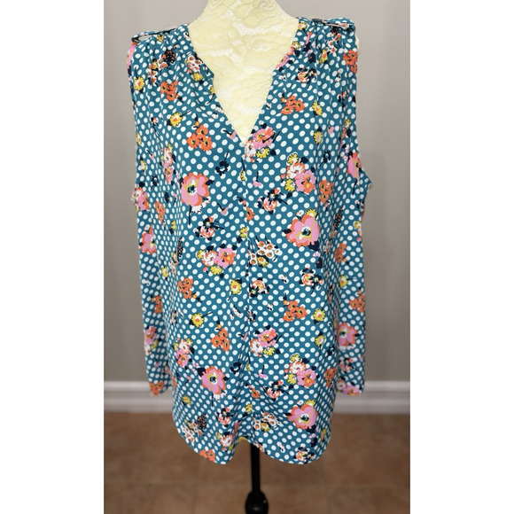 ModCloth Women 2X Top Blue Polka Dot Floral Sleeveless V-Neck Retro‎ Lightweight - Picture 1 of 12